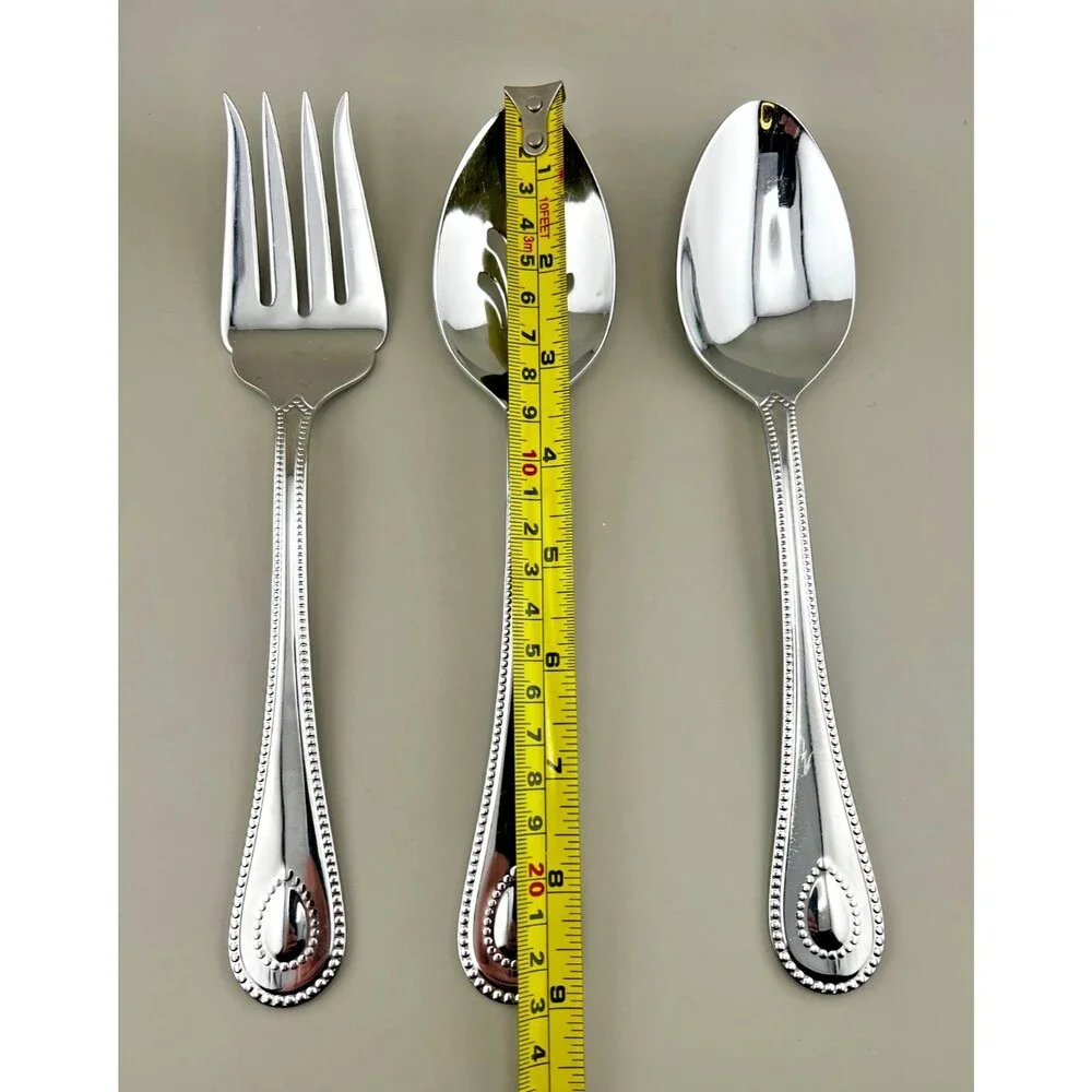 LENOX French Perle 3pc Serving Set Pierced Spoon Fork 18/10 Stainless Flatware